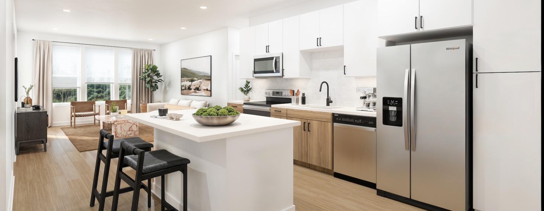 a kitchen with white cabinets