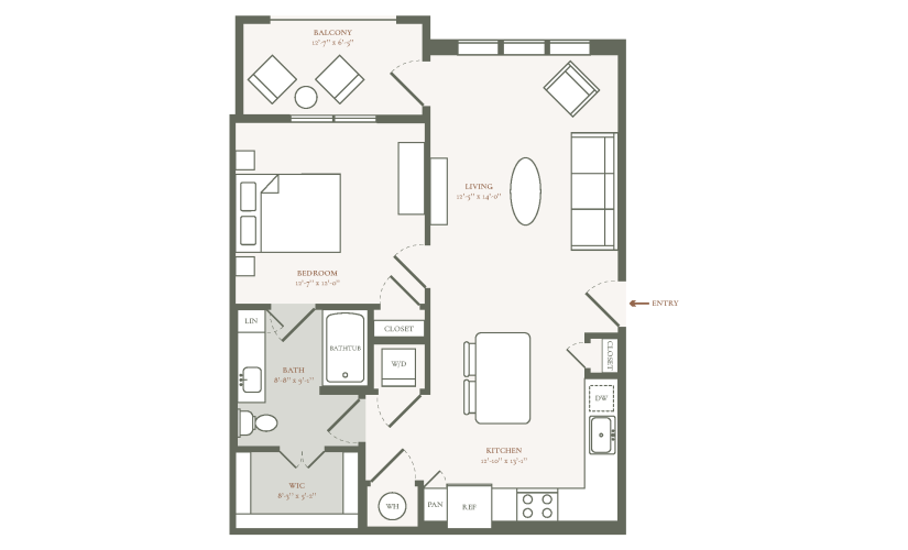 A1A - 1 bedroom floor plan layout with 1 bathroom and 775 square feet