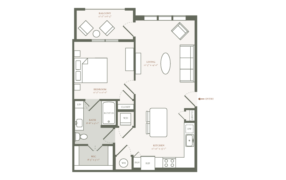 A1A - 1 bedroom floor plan layout with 1 bathroom and 775 square feet