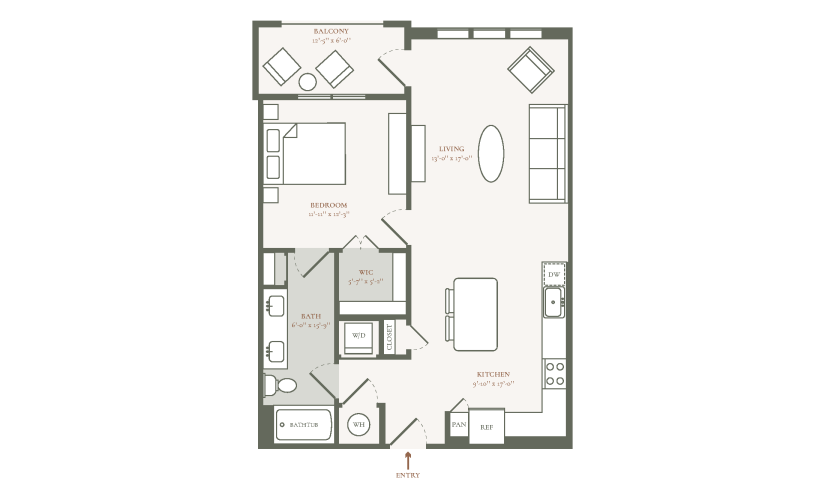 A1B - 1 bedroom floor plan layout with 1 bathroom and 815 square feet