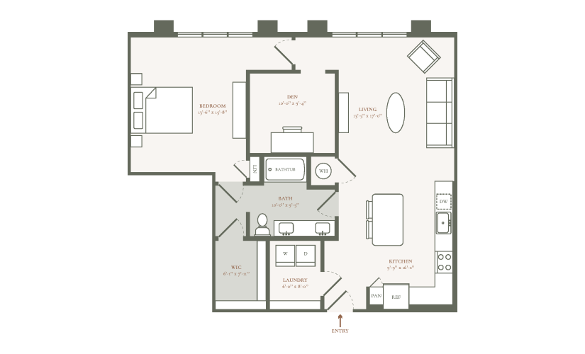 A1C - 1 bedroom floor plan layout with 1 bathroom and 1077 square feet