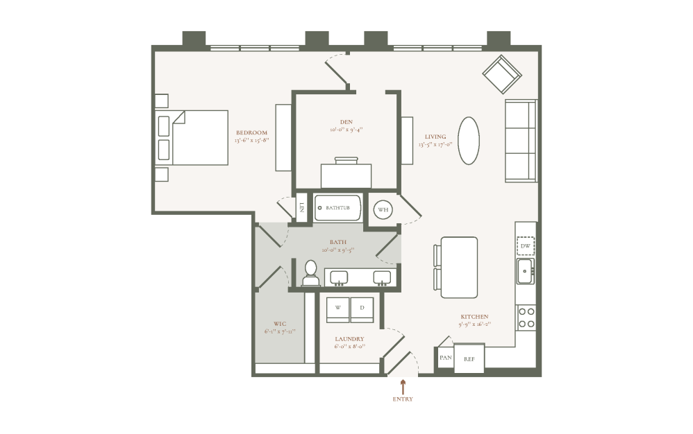 A1C - 1 bedroom floor plan layout with 1 bathroom and 1077 square feet