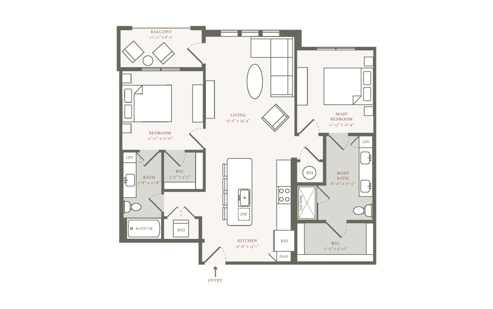 B2A - 2 bedroom floor plan layout with 2 bathrooms and 1130 square feet
