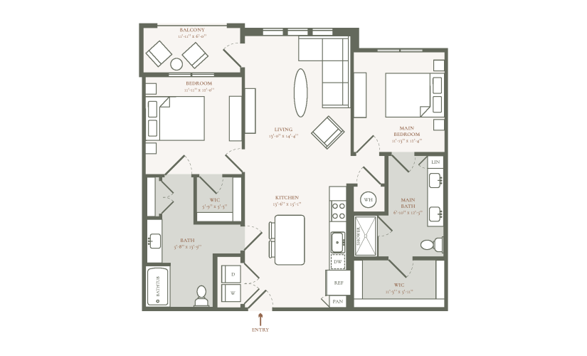B2B - 2 bedroom floor plan layout with 2 bathrooms and 1149 square feet
