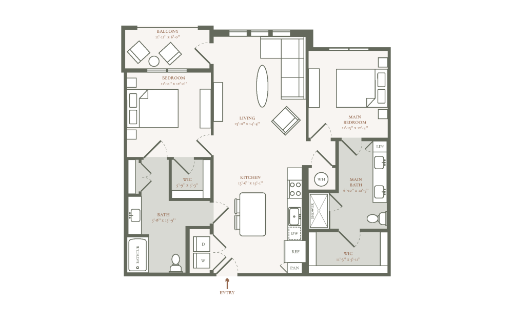 B2B - 2 bedroom floor plan layout with 2 bathrooms and 1149 square feet