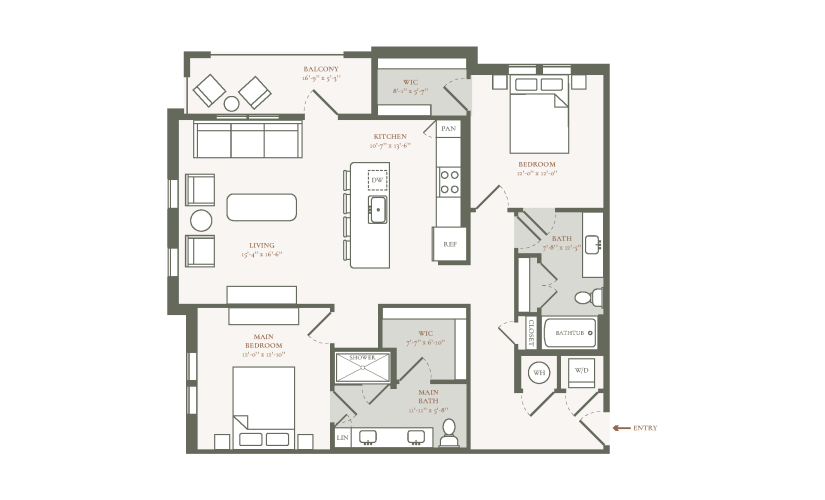 B2C - 2 bedroom floor plan layout with 2 bathrooms and 1233 square feet