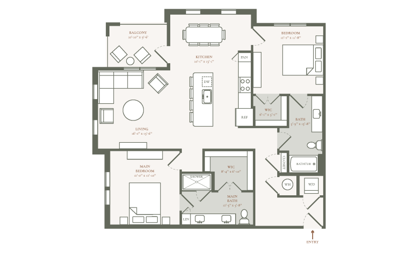 B2D - 2 bedroom floor plan layout with 2 bathrooms and 1245 square feet