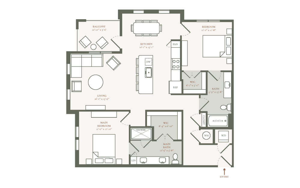 B2D - 2 bedroom floor plan layout with 2 bathrooms and 1245 square feet