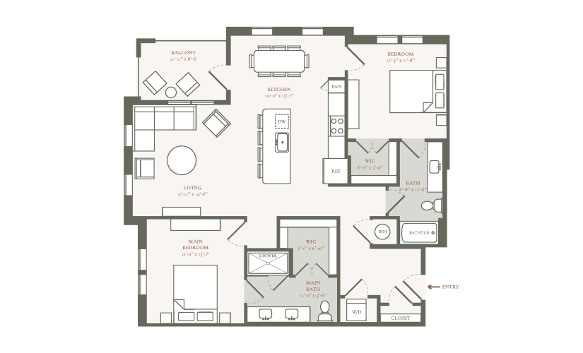B2E - 2 bedroom floor plan layout with 2 bathrooms and 1261 square feet