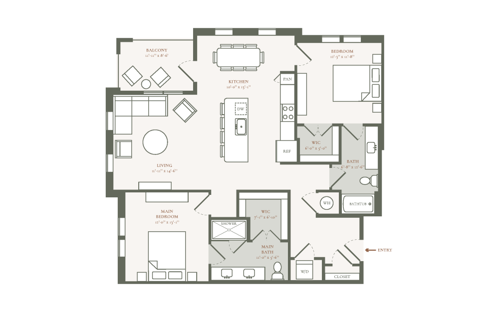 B2E - 2 bedroom floor plan layout with 2 bathrooms and 1261 square feet
