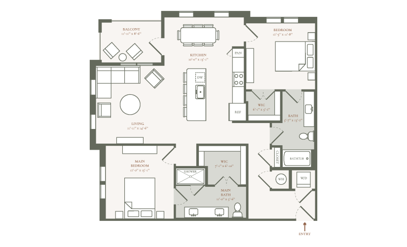 B2G - 2 bedroom floor plan layout with 2 bathrooms and 1271 square feet