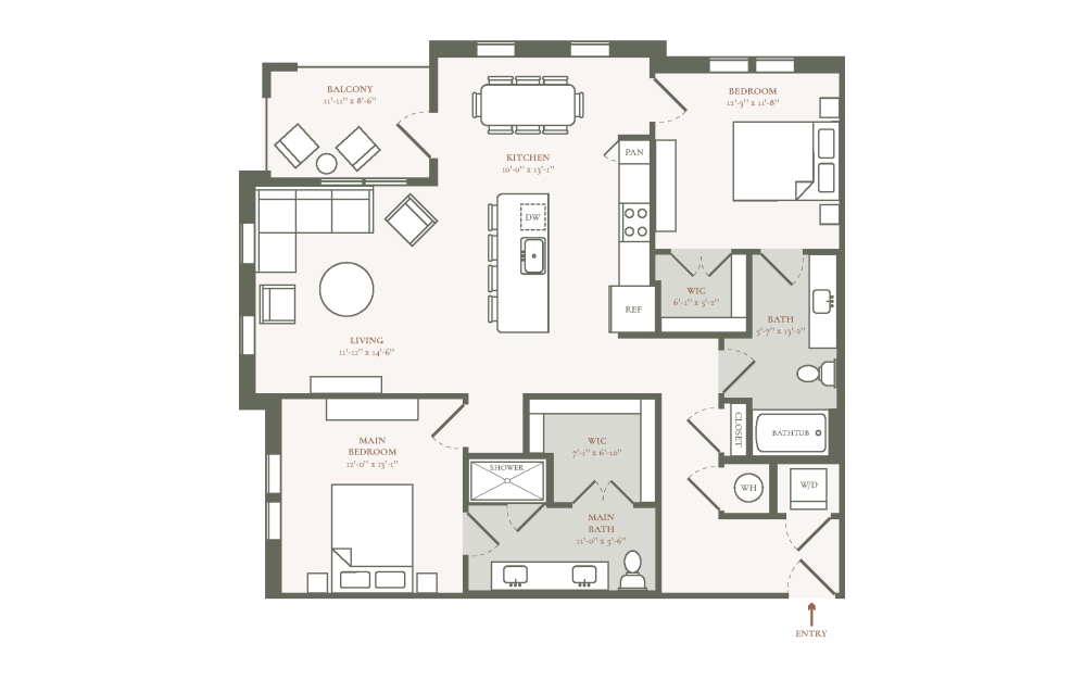 B2G - 2 bedroom floor plan layout with 2 bathrooms and 1271 square feet