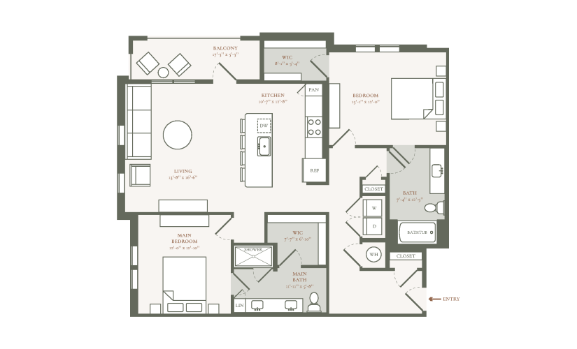 B2H - 2 bedroom floor plan layout with 2 bathrooms and 1296 square feet