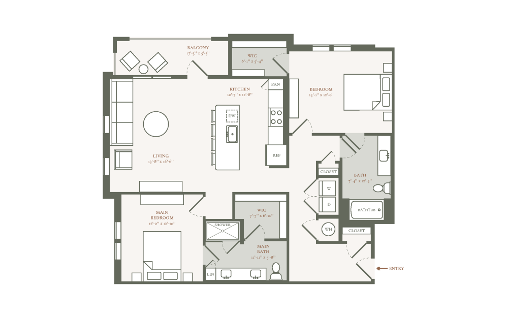 B2H - 2 bedroom floor plan layout with 2 bathrooms and 1296 square feet
