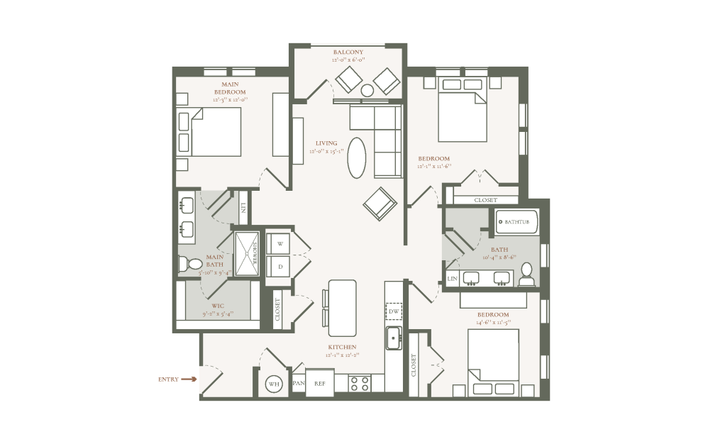 C2A - 3 bedroom floor plan layout with 2 bathrooms and 1321 square feet