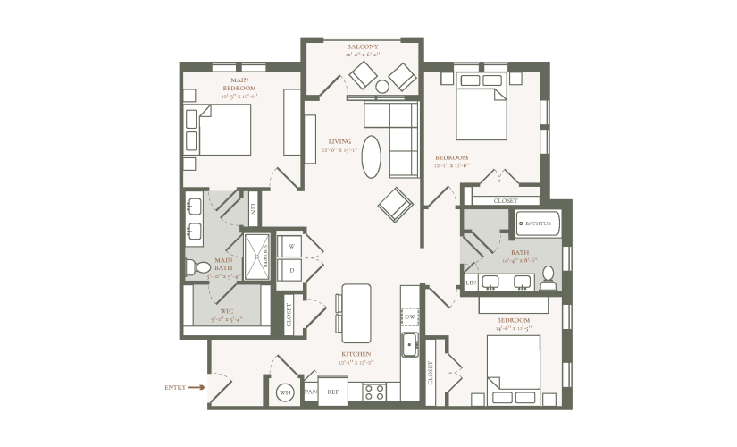 C2A - 3 bedroom floor plan layout with 2 bathrooms and 1321 square feet