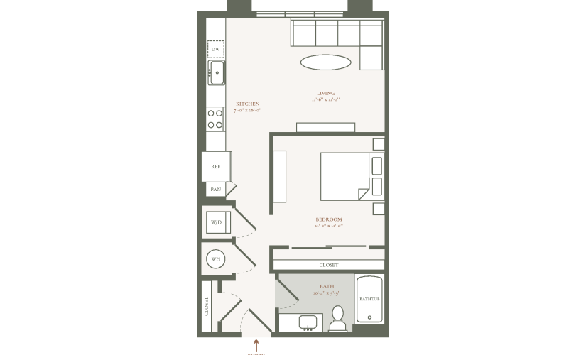S1A - Studio floor plan layout with 1 bathroom and 614 square feet